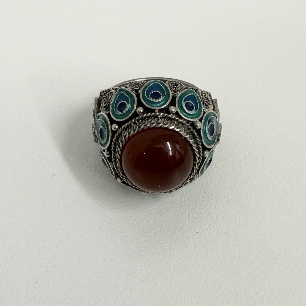 Vintage Chinese Export Sterling Filigree Enamel Carnelian Ring by BJ Size 7 - Picture 5 of 12